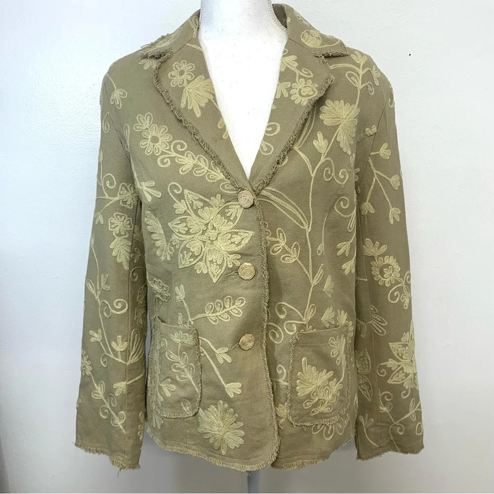 Oleg Cassini Artsy Blazer Jacket Woman 10 Cotton Floral Embroidery Western Work